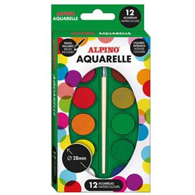 Conjunto de 12 aquarelas Alpino - 28 mm de diâmetro - Cores intensas - Inclui pincel - Cores sortidas