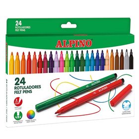 Kit Alpino com 24 Canetas Marcadoras Coloridas - Ponta de 3mm - Super Laváveis e com Cores Vibrantes - Uso Escolar - Desenvolve 