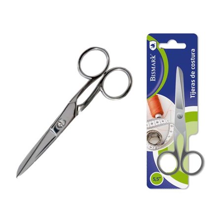 Tesoura de costura Bismark em aço inoxidável, 14 cm - Fixação por parafuso - Pressão constante entre as lâminas - Embalagem blis