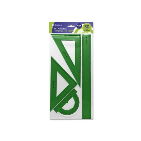 Conjunto de 4 réguas de alta qualidade Bismark - Inclui régua de 30 cm, esquadro de 14 cm, triângulo de 20 cm e transferidor de 