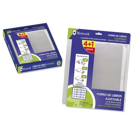 Pacote com 5 capas para livros em polipropileno Bismark de 310 mm - Aba ajustável - Encapamento fácil em 3 etapas - Sem necessid