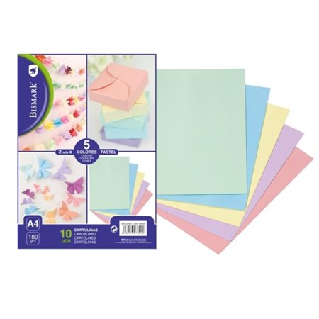 Pacote com 10 folhas de cartolina Bismark, 180 g/m² - Tamanho A4 - Cores pastel sortidas