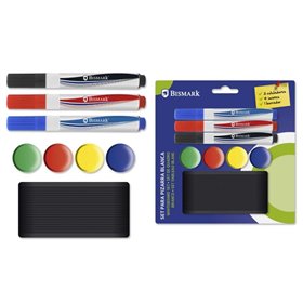 Conjunto Bismark com 3 marcadores para quadro branco + 4 ímãs + apagador - Cores sortidas
