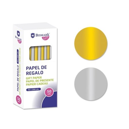 Rolo de Papel de Presente Bismark Dourado/Prateado - Mede 70cm x 200cm - 2 Cores