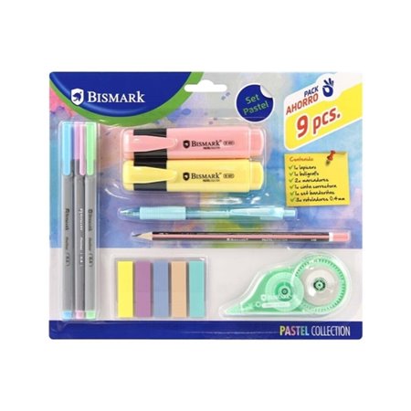 Kit Escolar Bismark Pastel com Lápis, Caneta Esferográfica, 2 Marcadores, Fita Corretiva, Conjunto de Bandeirinhas para Animais 