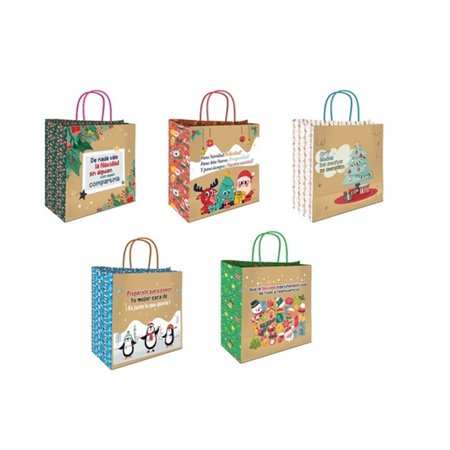 Sacola de papel kraft Bismark com mensagens de Natal - Mede 26x8x24cm - 5 designs diferentes