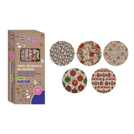 Papel Kraft Bismark para Presente de Natal em Rolo - Mede 70cm x 200cm - 5 Estampas Diferentes