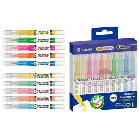 Kit com 10 Marcadores Fluorescentes Bismark de Longa Duração - 5 Neon e 5 Pastel - Tinta Líquida - Ponta Chanfrada - Ideal para 