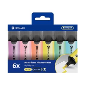 Kit com 6 Marcadores Fluorescentes Bismark de Longa Duração - Ponta Chanfrada de 2 a 5 mm (Aproximadamente) - Tinta à Base de Ág