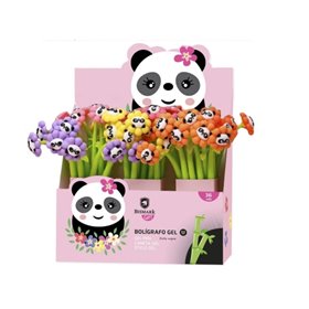 Caneta Bismark Animals Panda Soft Touch com Flores e Rosto de Panda - Ponta Fina - Tinta Gel Preta - 6 Desenhos Diferentes