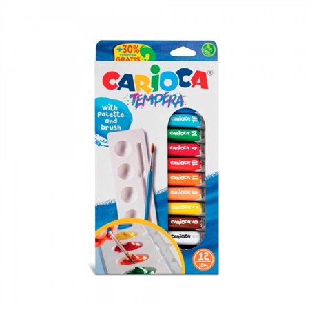 Carioca - Kit com 12 tubos de tinta têmpera de 10ml + pincel e paleta - Alta cobertura - Aplicável em materiais porosos - Cores 