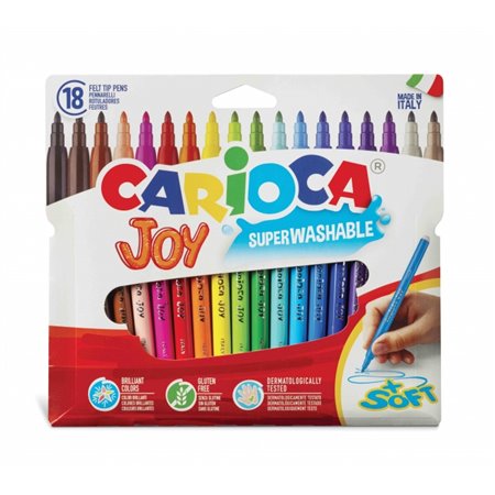 Kit com 18 Marcadores Carioca Joy - Tinta Super Lavável - Ponta Fina de 2,8 mm - Tampa com Trava e Ventilação - Cores Sortidas