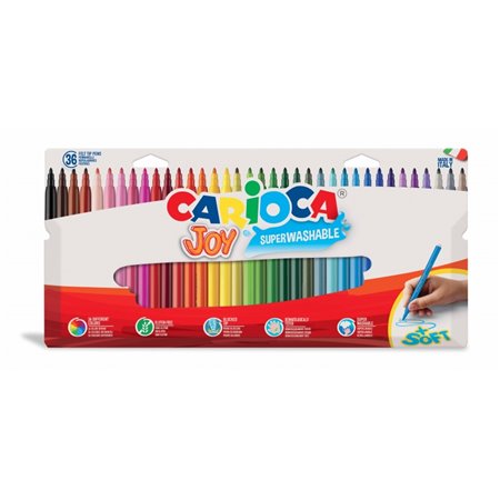 Carioca Joy - Kit com 36 Marcadores Super Laváveis - Ponta Fina de 2,8 mm - Ponta Bloqueada - Tampa Ventilada - Cores Sortidas