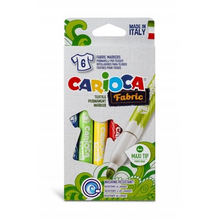 Marcadores para tecido Carioca Fabric, pacote com 6 unidades - Ponta Maxi Ø 6mm - Tinta especial para tecido - Cores permanentes