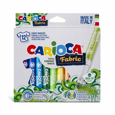 Marcadores para tecido Carioca Fabric, pacote com 12 unidades - Ponta Maxi Ø 6mm - Tinta especial para tecido - Cores indeléveis
