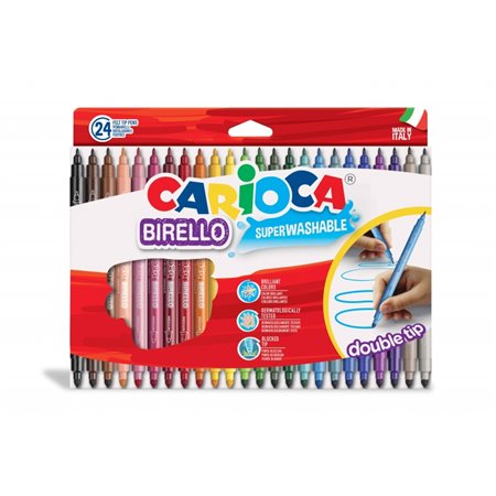 Conjunto de 24 marcadores Carioca Birello - Pontas duplas fina e média - Tinta super lavável e atóxica - Removíveis da pele e te