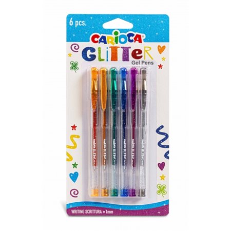 Conjunto de 6 Canetas Gel com Glitter Carioca - Ponta de 1mm - Tinta Gel com Glitter - para Superfícies Escuras - Escrita Brilha