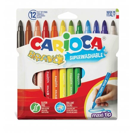 Kit com 12 Marcadores Carioca Bravo - Corpo Maxi Octogonal - Tinta Super Lavável - Ponta Maxi Bloqueada de 6mm - Tampa Ventilada