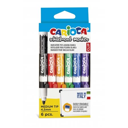 Conjunto de 6 Marcadores para Quadro Branco Carioca - Ponta de 4,5 mm - Tampa com Clipe - Apaga Fácil e Seca Rapidamente - Cores