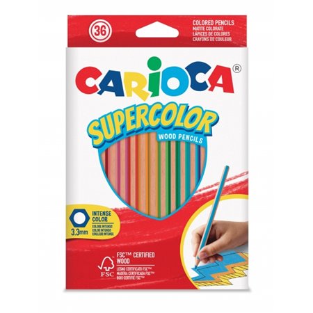Conjunto de 36 lápis de cor Carioca Supercolor - Corpo hexagonal de madeira - Cores intensas e alta opacidade - Mina de 3,3 mm -