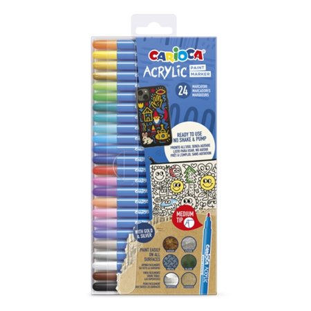 Conjunto de 24 Marcadores de Tinta Acrílica Carioca - Ponta Média - Tinta à Base de Água - Alta Cobertura - Cores Sortidas