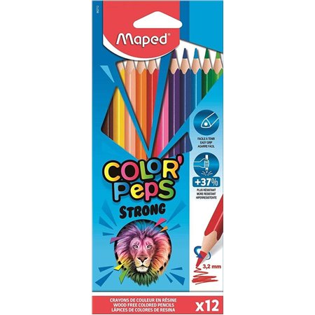 Maped Color'Peps Strong - Pacote com 12 Lápis de Cor Triangulares - Sem Madeira - Mina de 3,2 mm - Ponta Ultrarresistente - Core