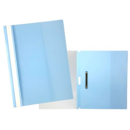 Pasta com prendedor para 30 folhas A4 - Capa transparente, verso azul - Fabricada em polipropileno