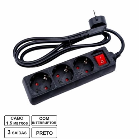 Tomada Elétrica c/ 3 Saídas Interruptor 1.5M Preto