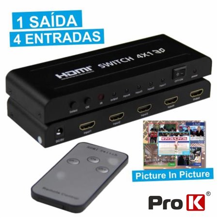 Distribuidor Comutador HDMI 4 Entradas 1 Saída PIP Prok